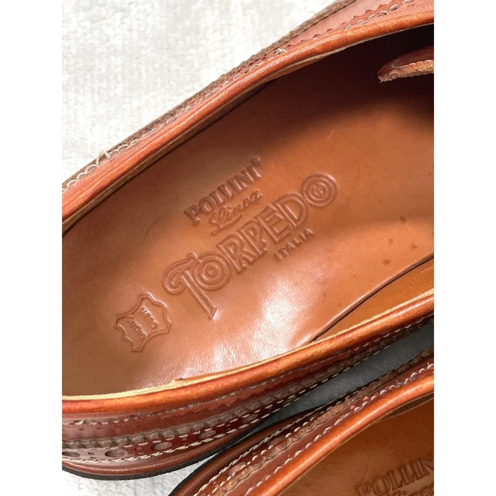 Pollini Linea Torpedo Men's 10 Cognac Leather Wingtip Brogue Oxfords Italy